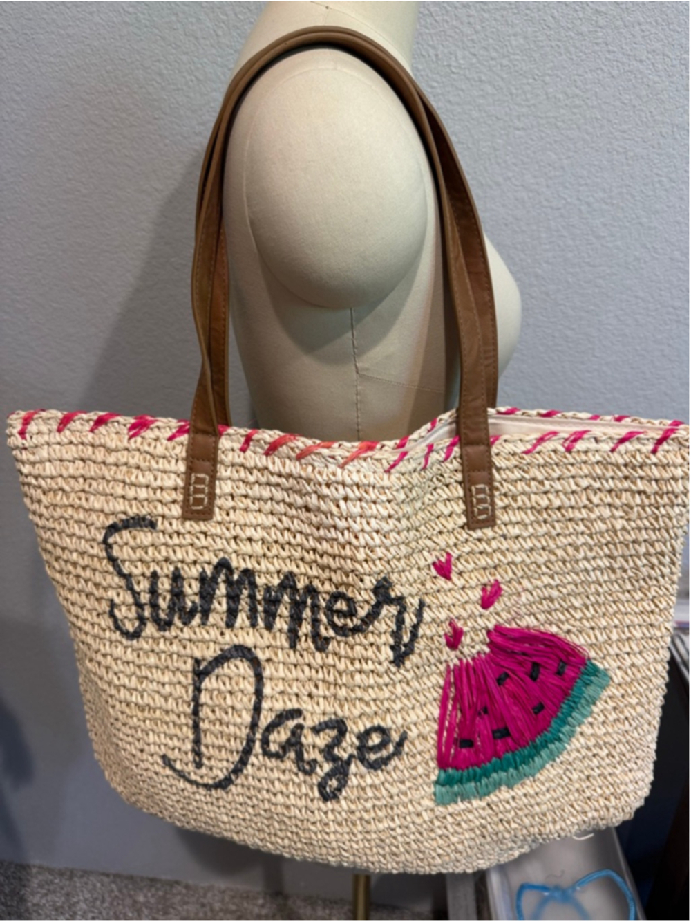 Women's Nordstrom Beige Pink Straw Summer Daze Watermelon Tote Bag